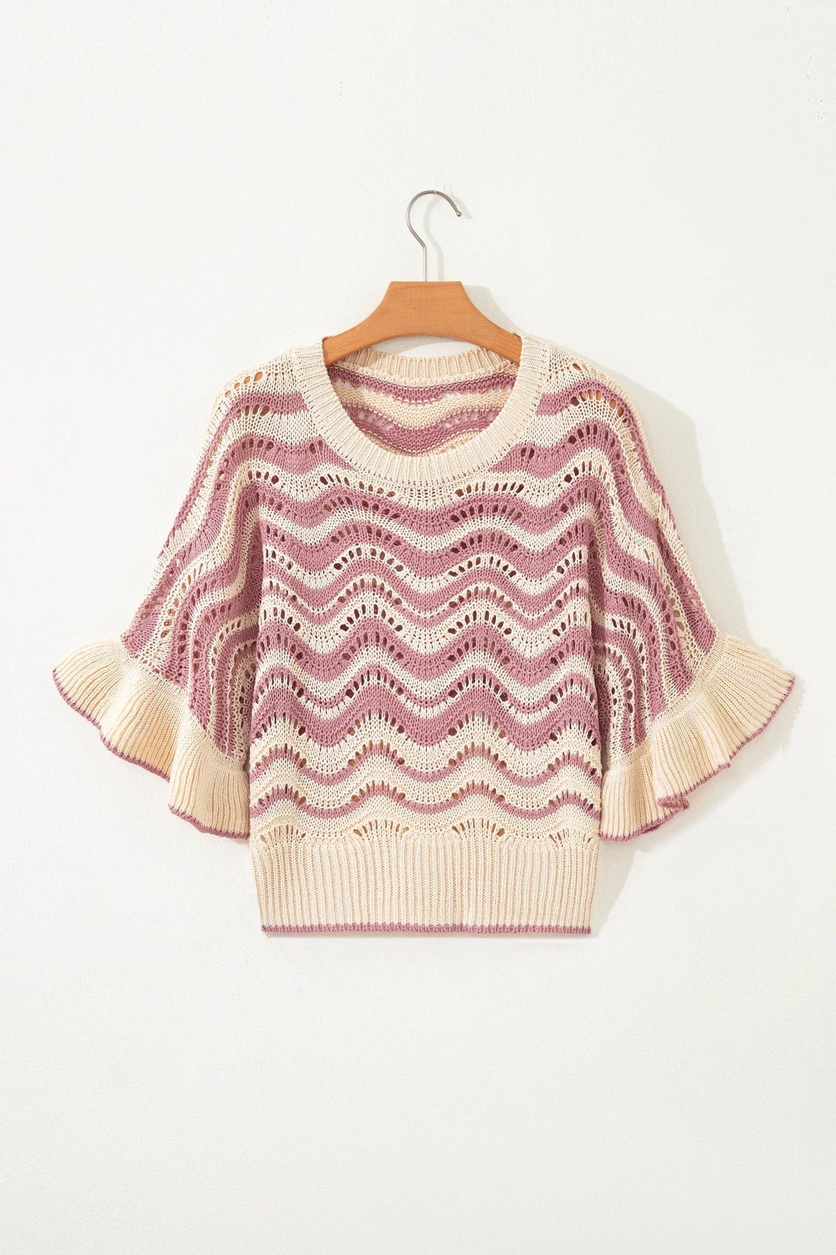 Wavy stripe crochet sweater with ruffle sleeves