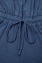 Open-back cap-sleeve knit romper with drawstring waist