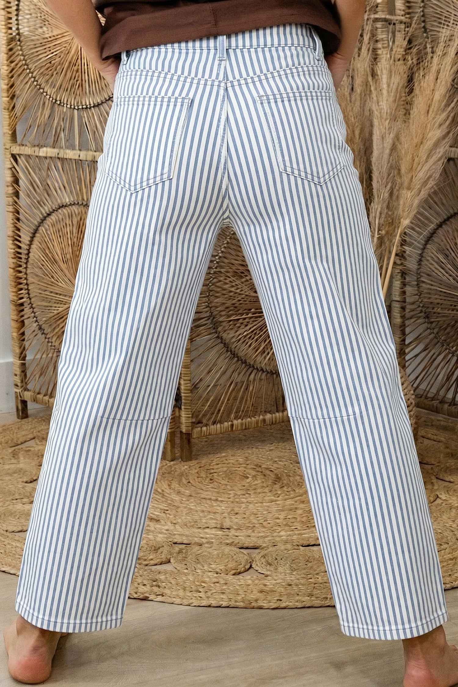 Striped High Waist Barrel Leg Jeans