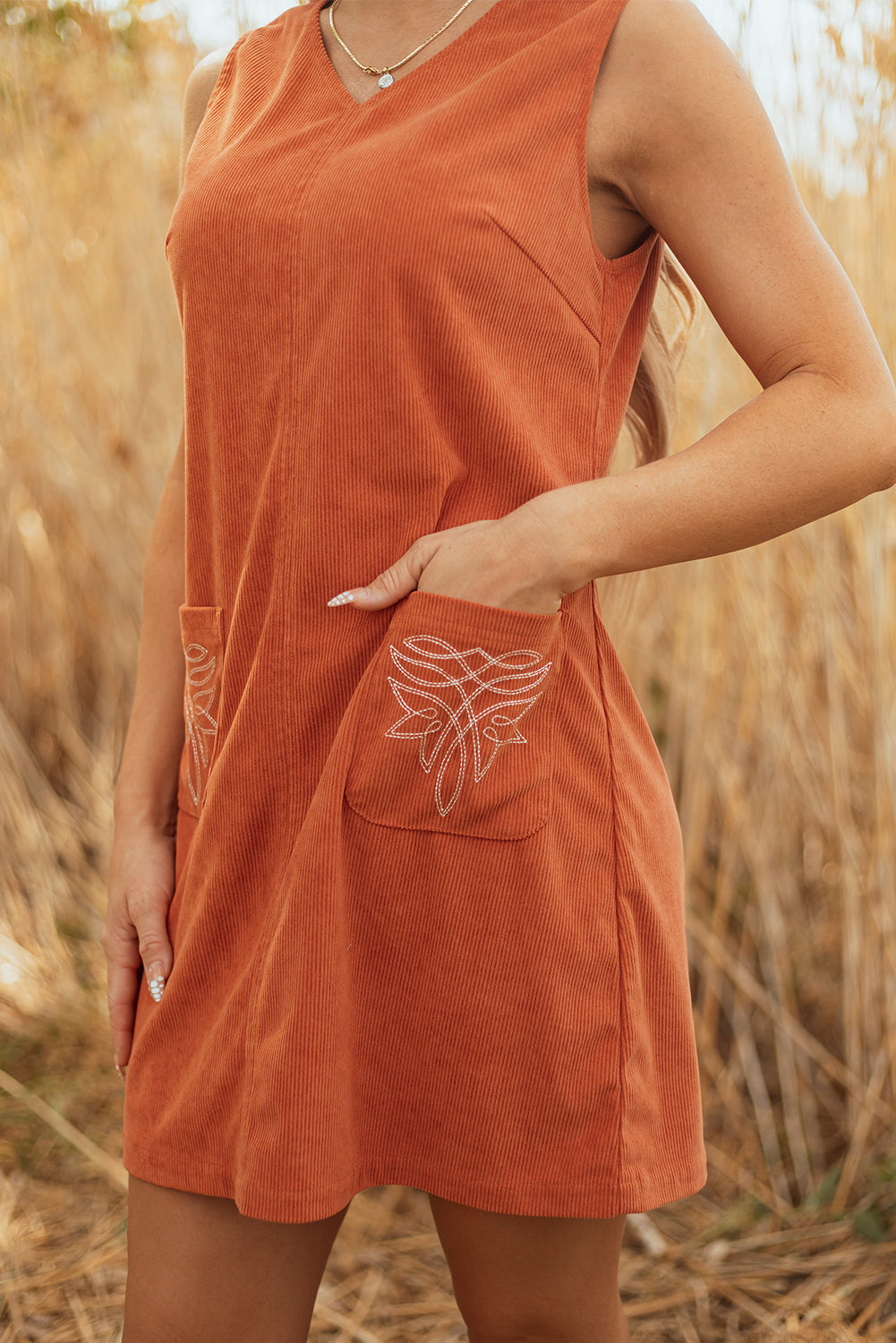 Western Corduroy Embroidered Patch Pocket Dress