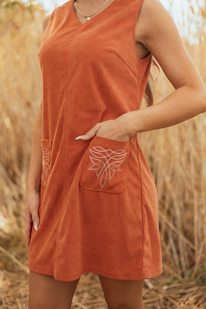 Western Corduroy Embroidered Patch Pocket Dress
