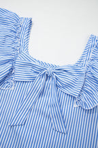 Striped bow-back blouse with ruffle sleeves and square neckline