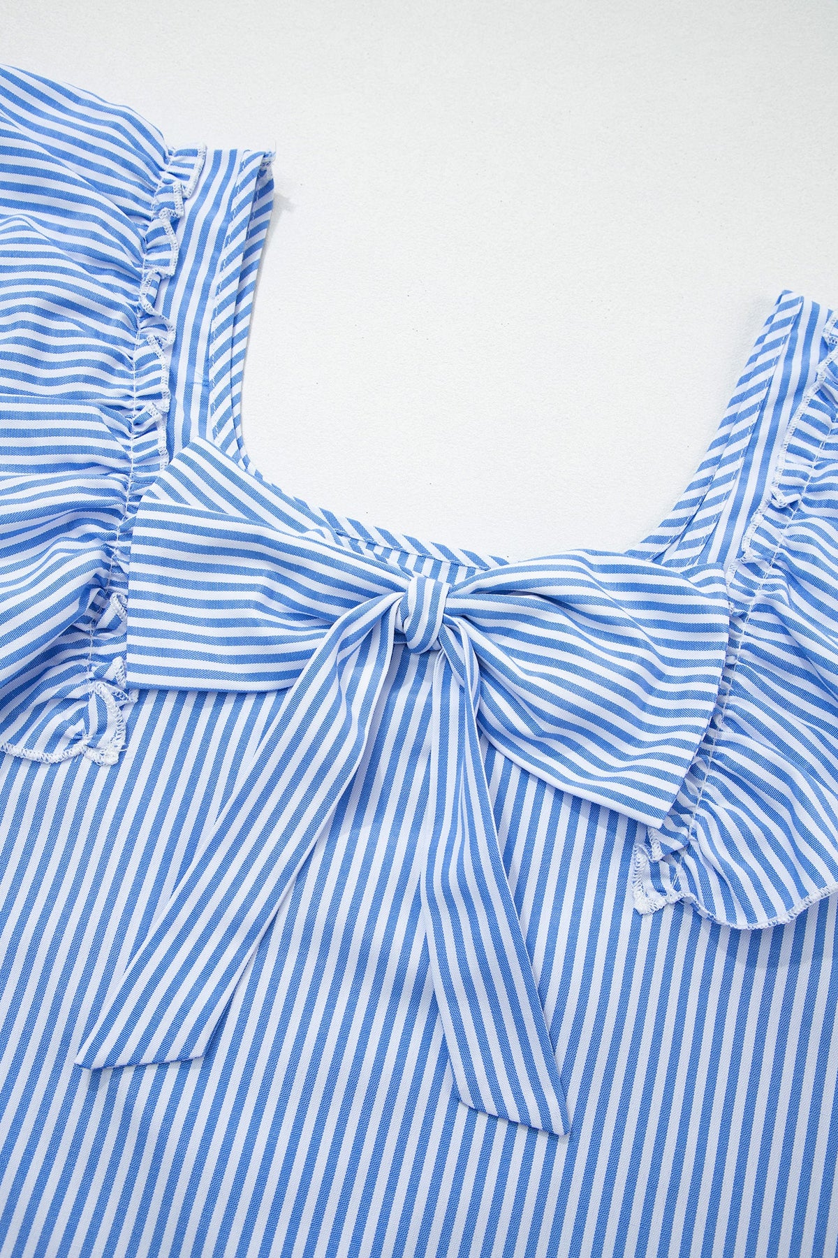 Striped bow-back blouse with ruffle sleeves and square neckline