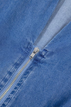 Denim zip-front dress with shirred waist and puff sleeves