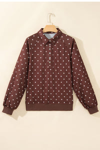 Polka dot pullover sweatshirt with metal-button collar