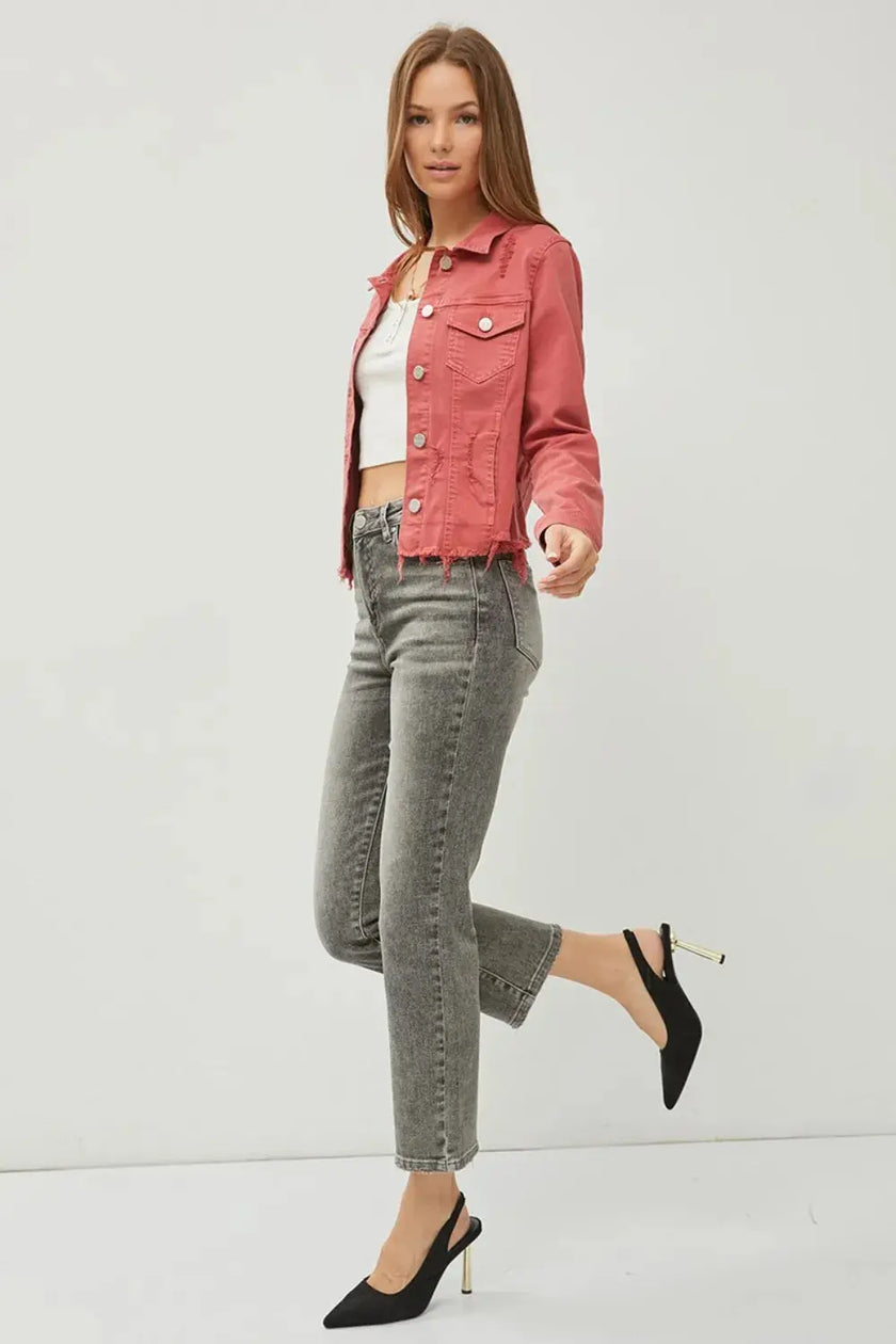 Adorable Cropped Denim Jacket With Raw Hem