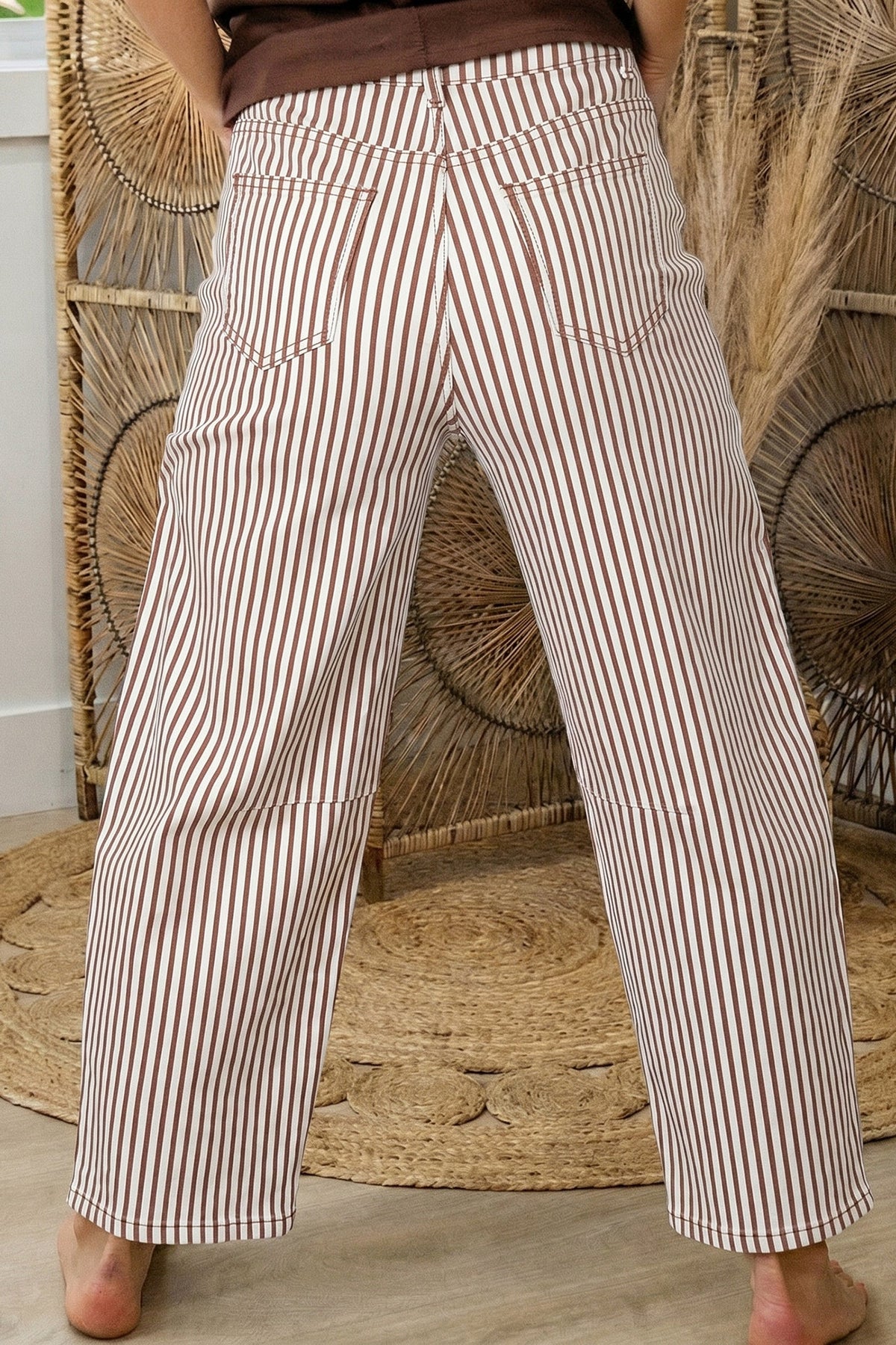 Striped High Waist Barrel Leg Jeans