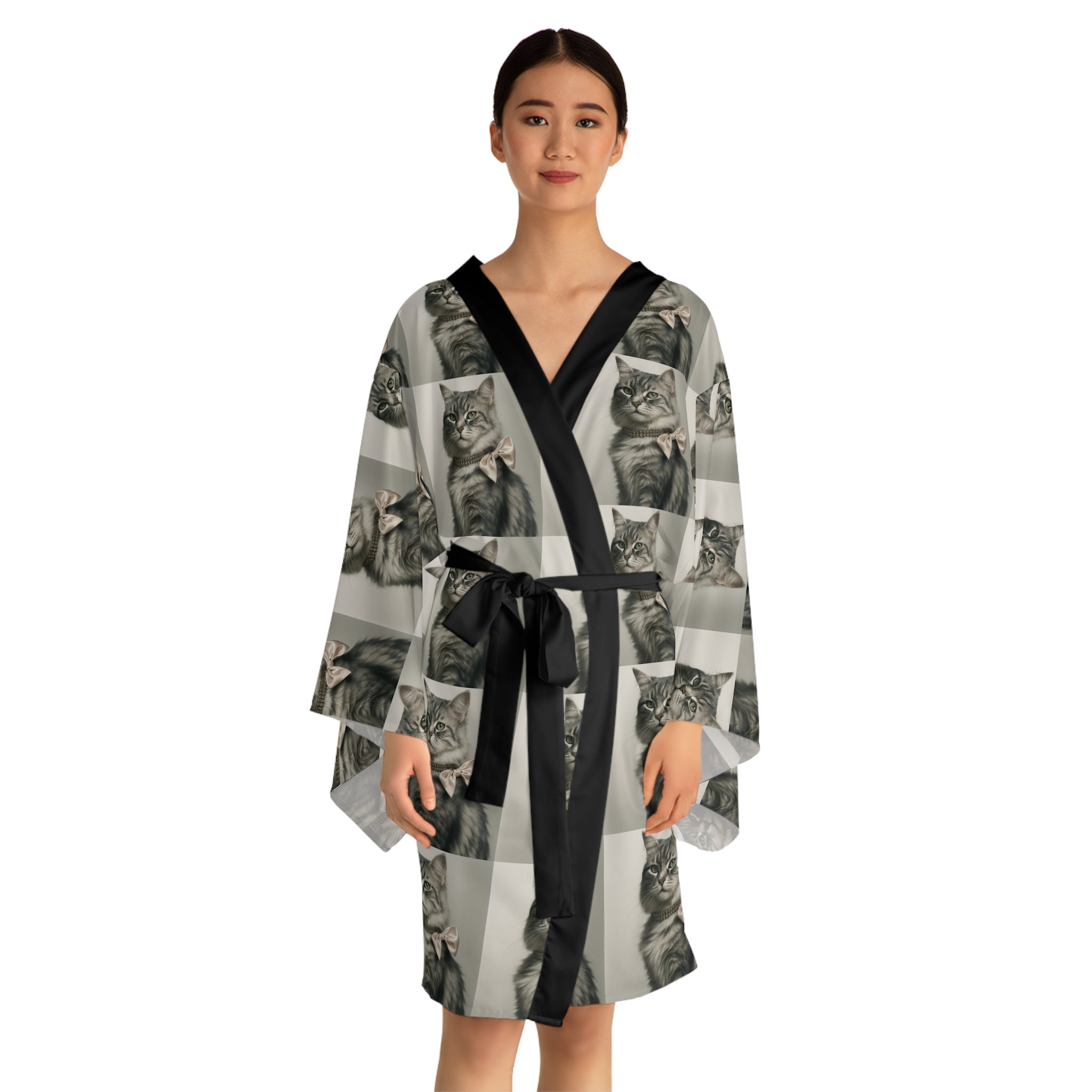 Glamourous Cat Pattern Long Sleeve Kimono Robe