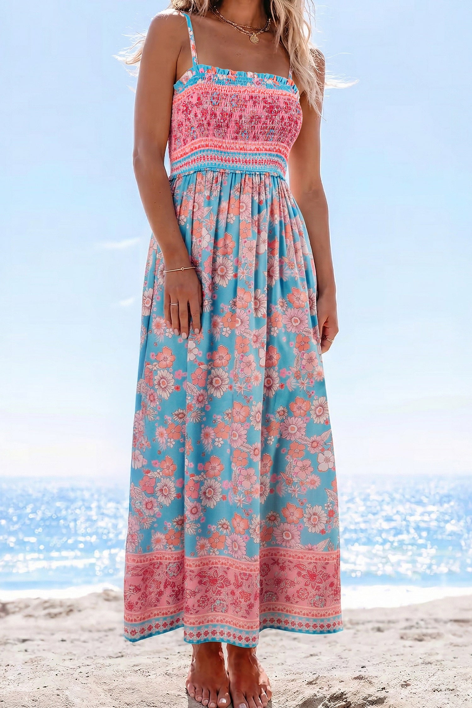 Resort Style Smocked Floral Maxi Dress