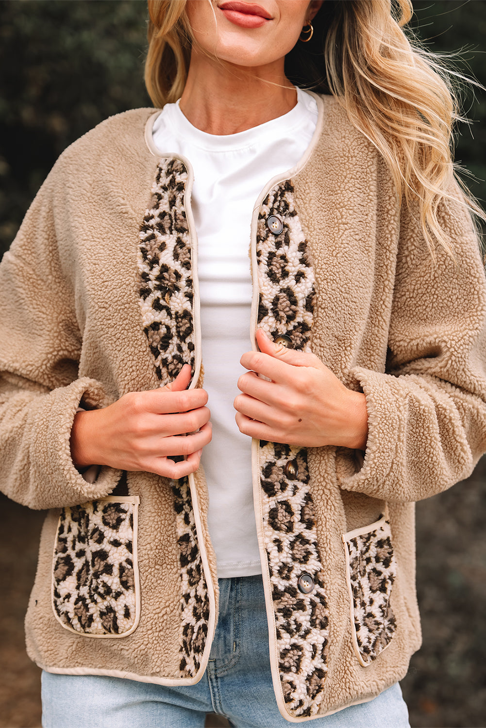 Leopard Trim Plush Pocket Jacket — Smoke Gray — product image 4