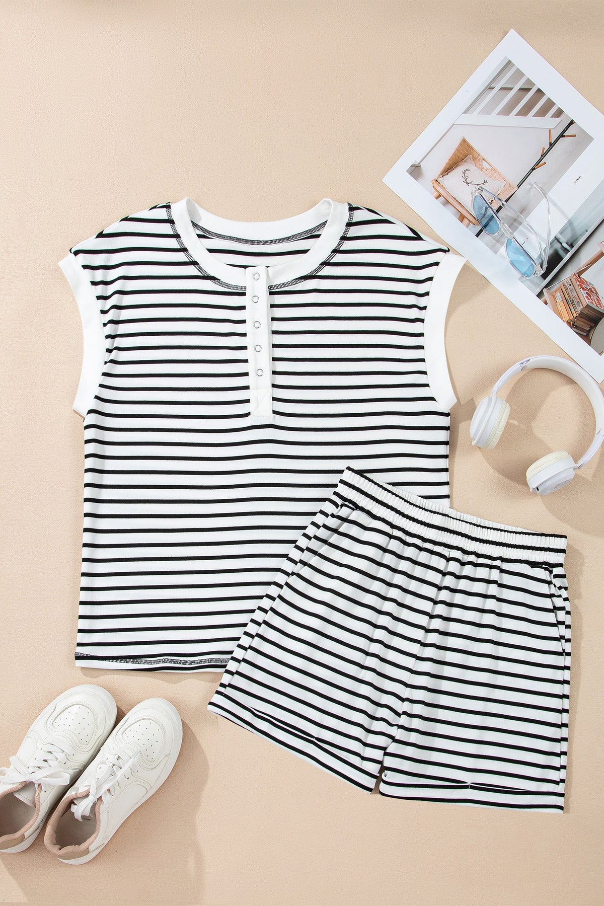 Striped cap-sleeve Henley top and shorts set