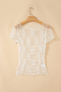 Floral lace sheer mesh top with ruched front