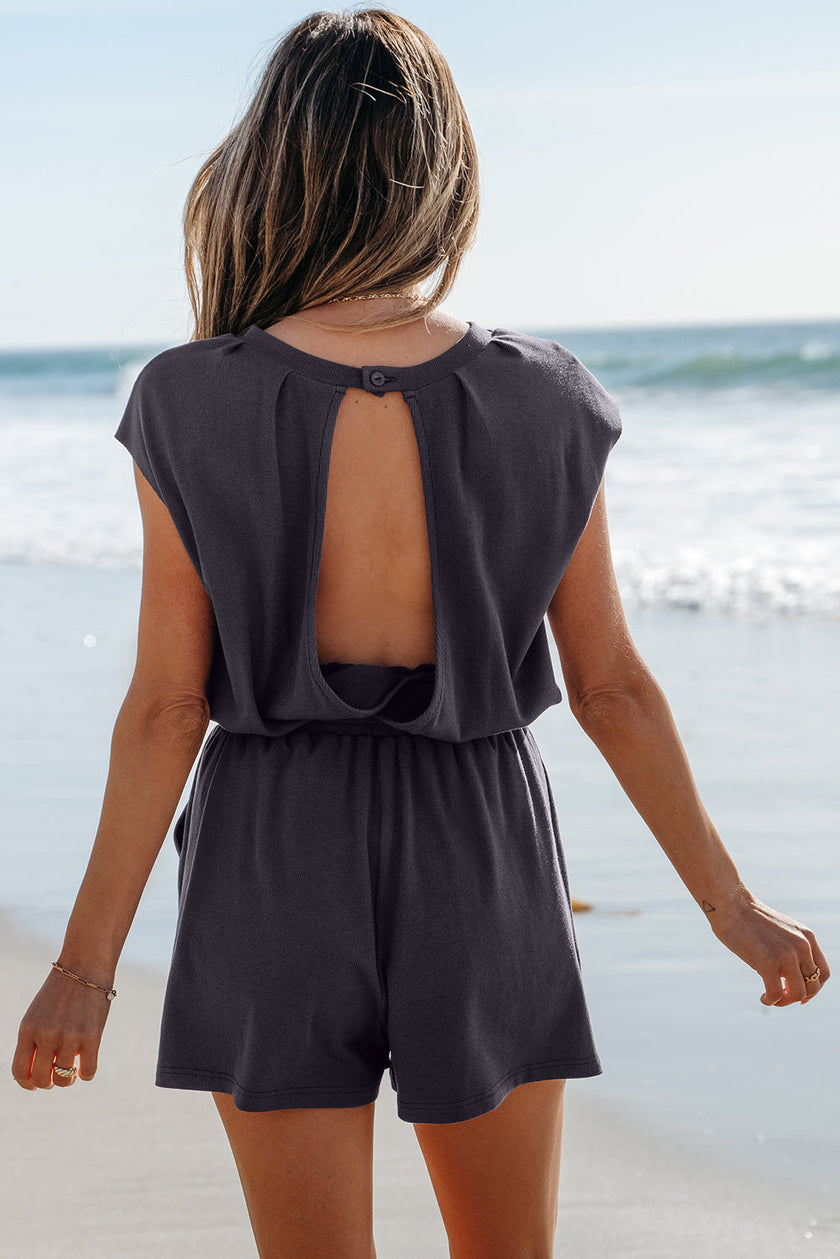Solid Open-Back Cap Sleeve Knit Romper