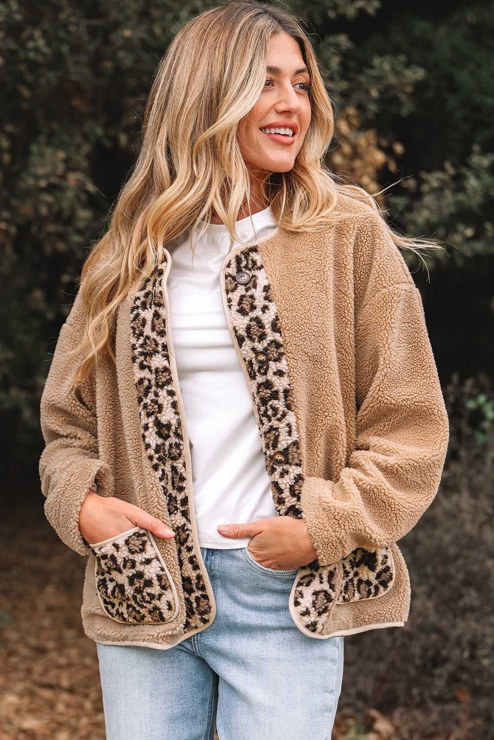 Leopard Trim Plush Pocket Jacket — Smoke Gray — product image 1