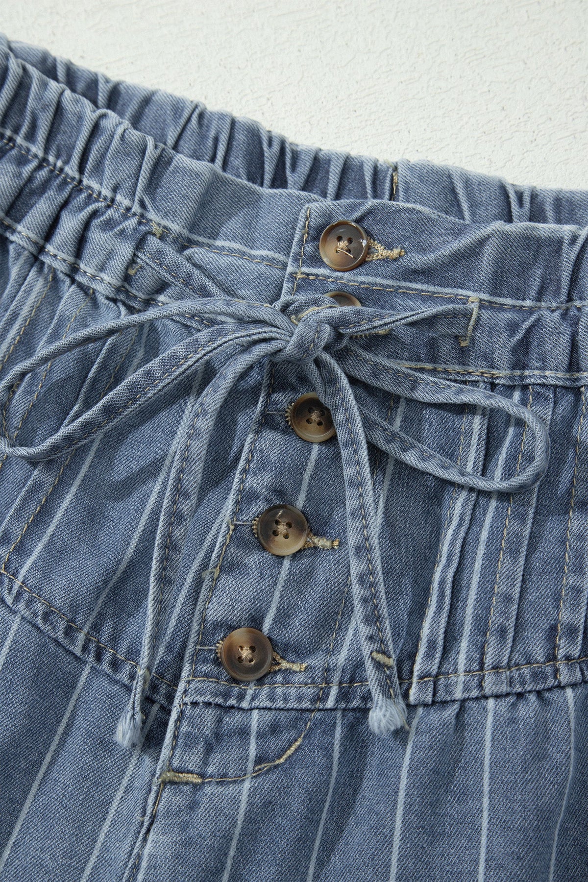 Striped denim high-waist shorts with drawstring