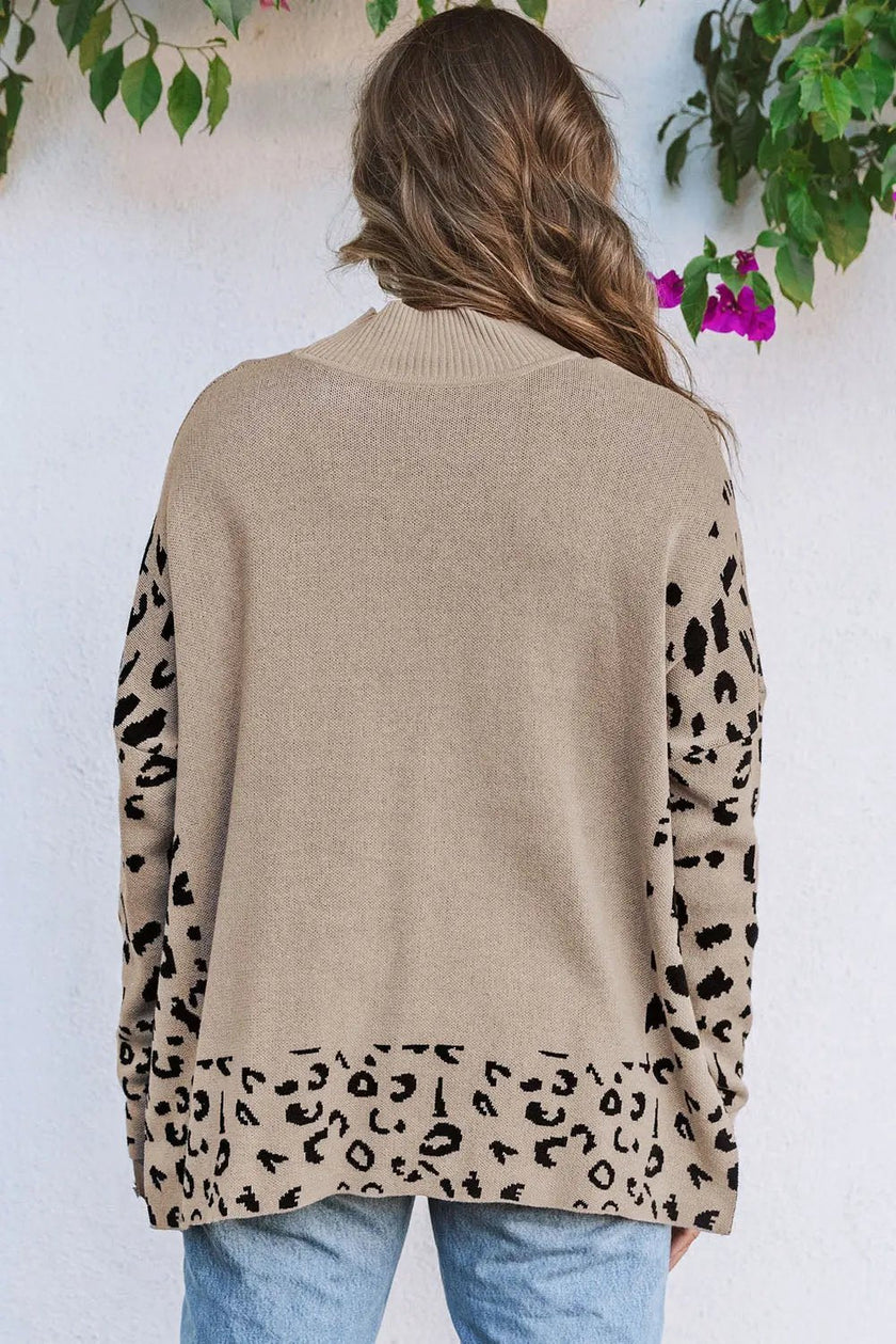 Wild Side Leopard Print High Neck Side Slit Oversized Sweater