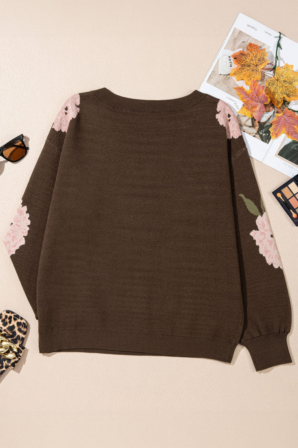 Floral drop-shoulder knit sweater with relaxed fit