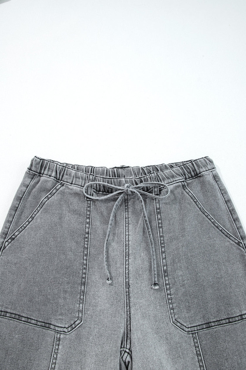 Raw Hem Denim Drawstring Wide Leg Pants