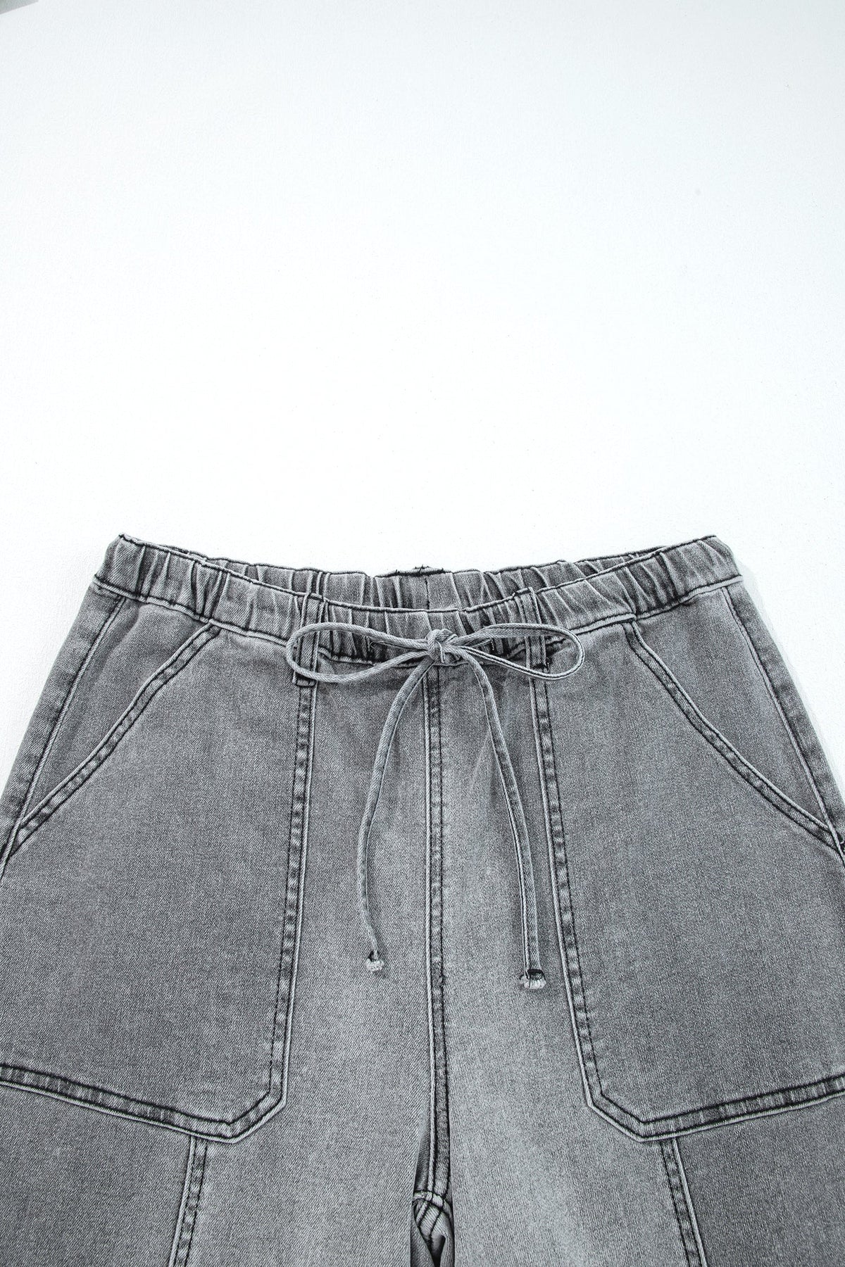 Raw hem wide-leg denim pants with drawstring waist