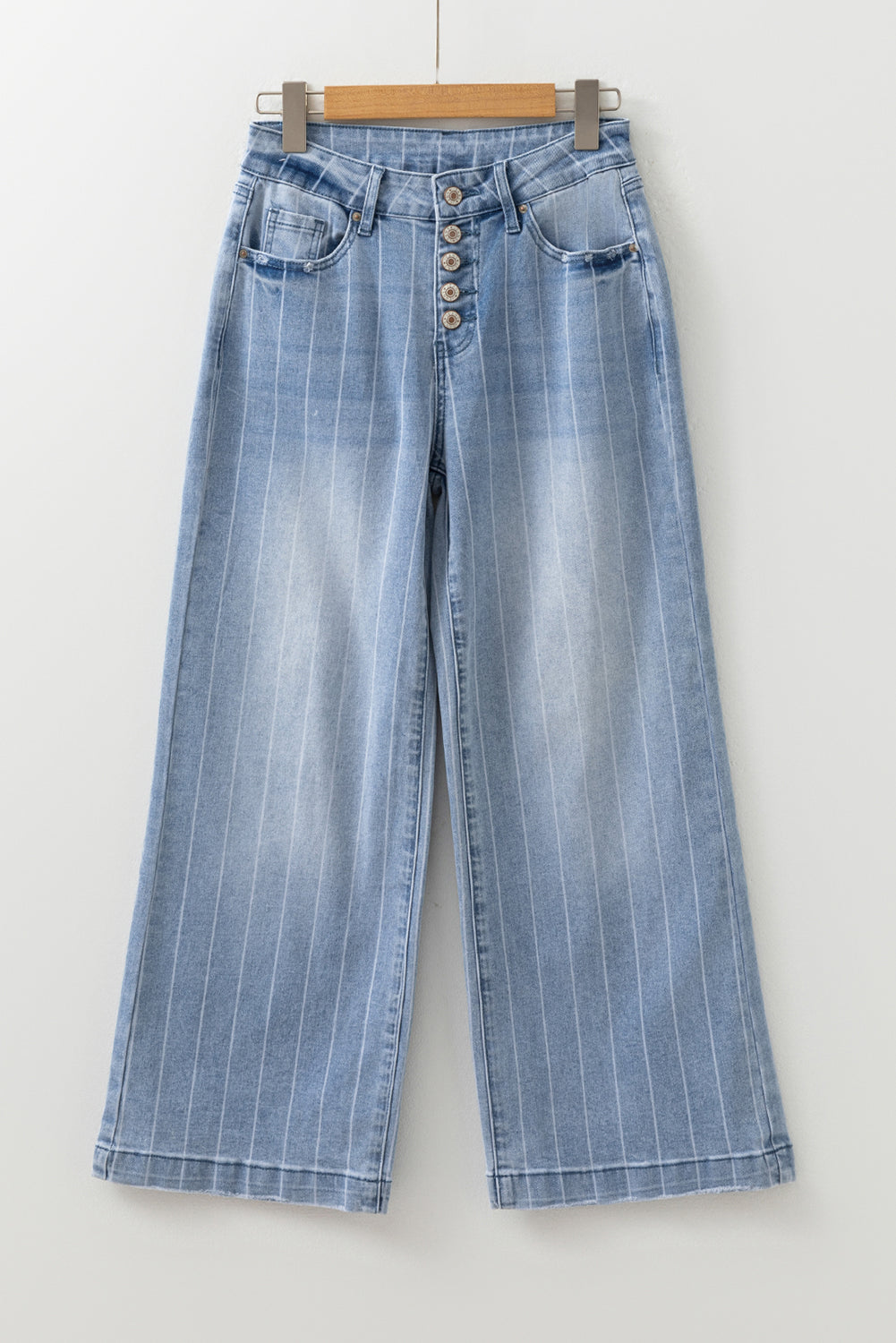 Pinstripe denim wide-leg jeans with multi-button front