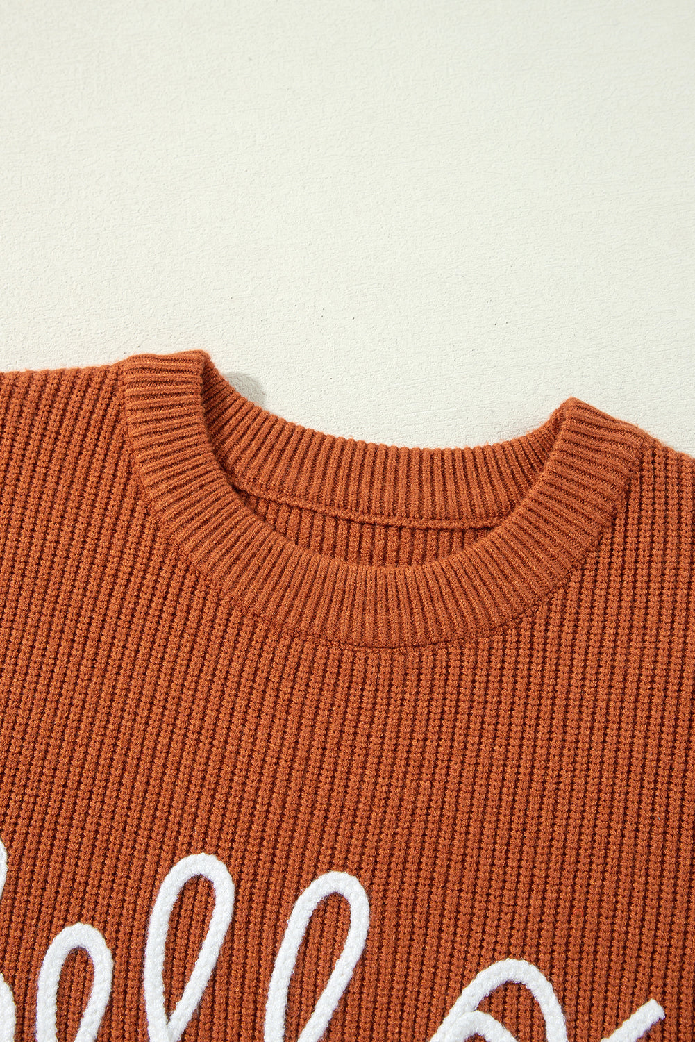 Hello Pumpkin Crewneck Sweater — Flamingo neckline and lettering detail