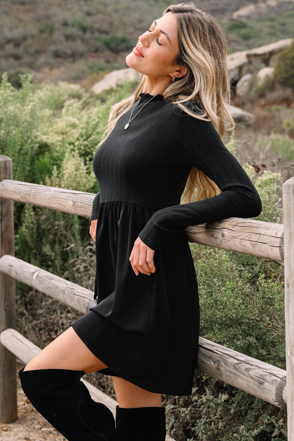 Ribbed Knit Patchwork Long Sleeve Mini Dress - additional product view