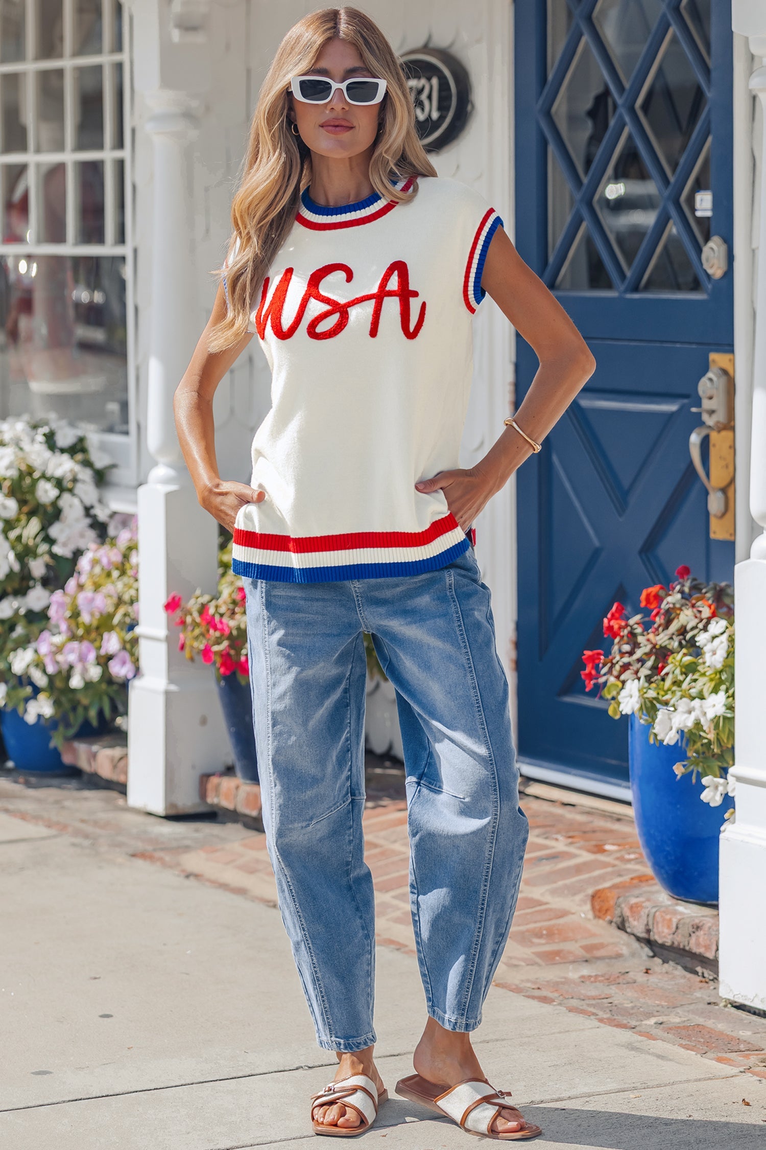 Varsity-Inspired USA Stripe Contrast Trim Sweater