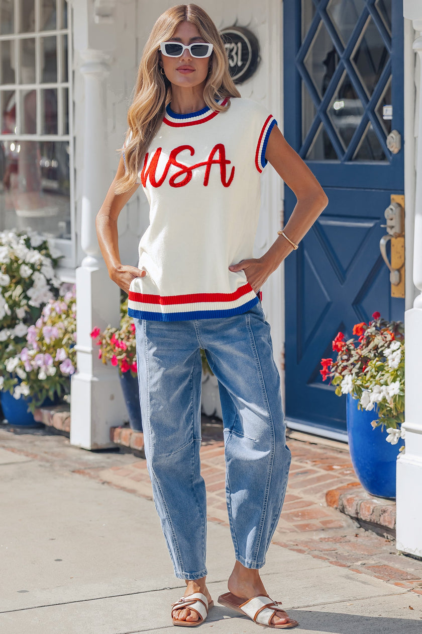 Varsity-Inspired USA Stripe Contrast Trim Sweater