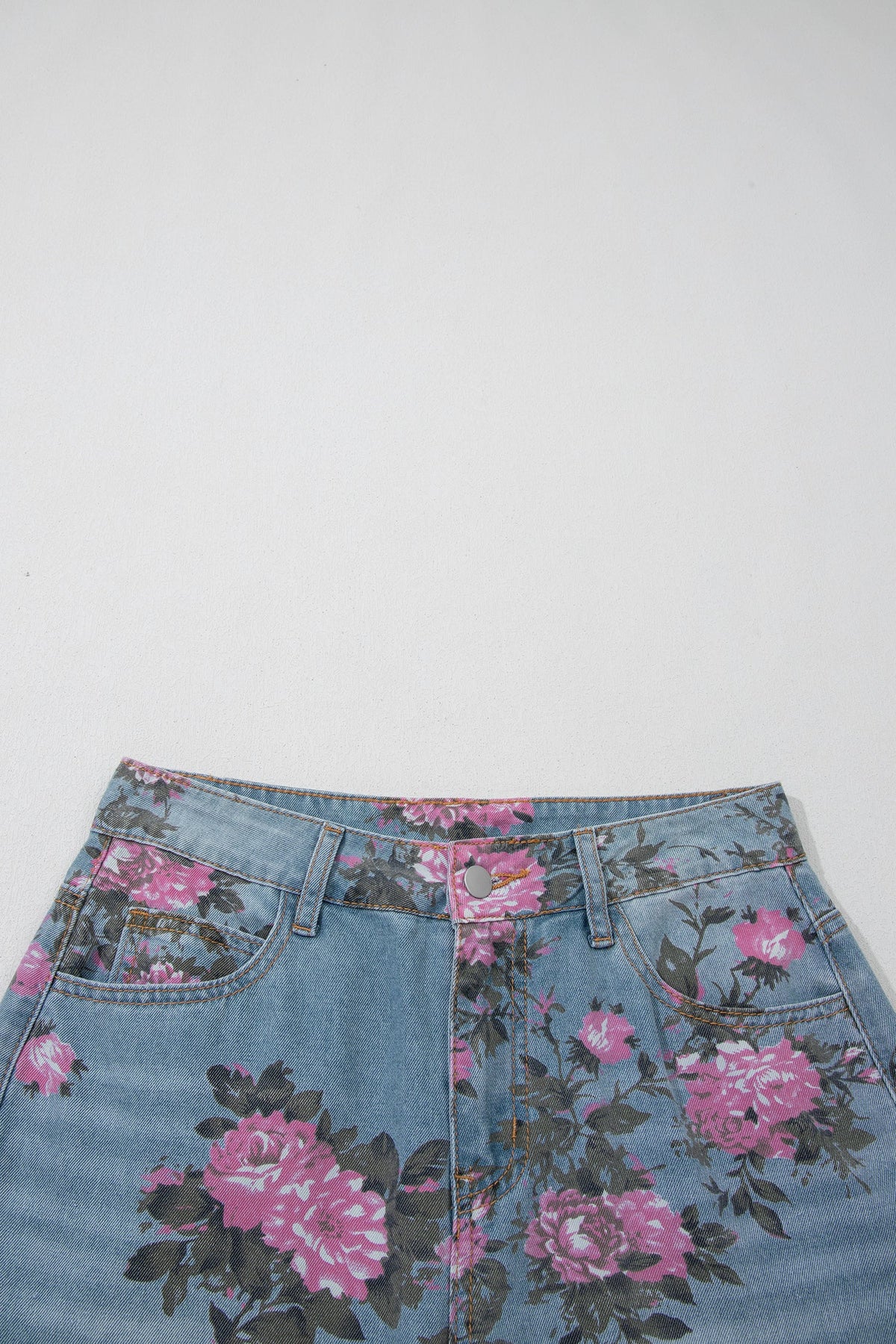 Floral light-wash denim wide-leg jeans