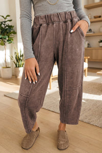 Mineral-wash barrel-leg pants with elastic waist