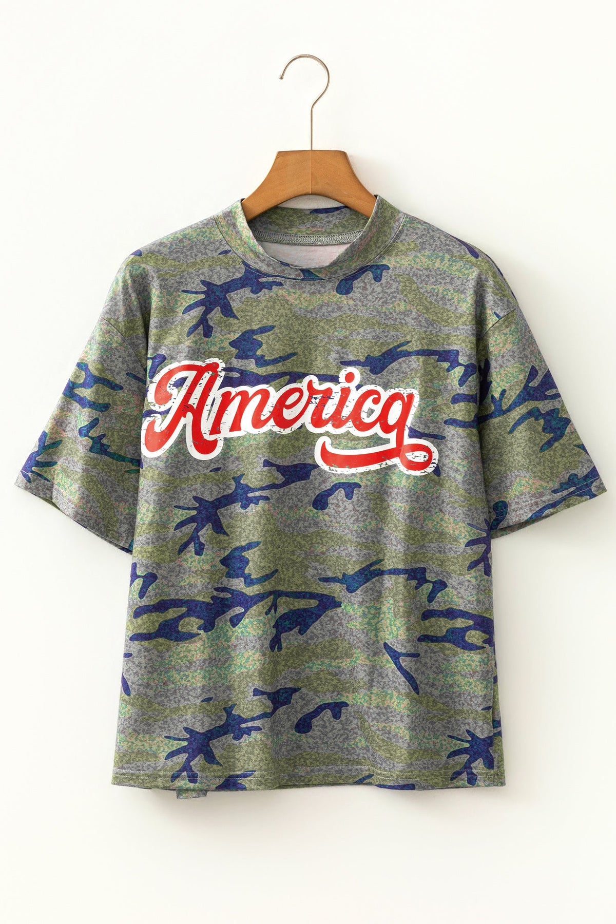 Camo America patriotic graphic tee with distressed lettering
