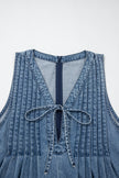 Acid Wash Denim Pleated Tie V-Neck Jumpsuit