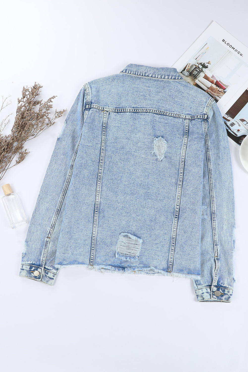 Raw hem distressed denim jacket with button front