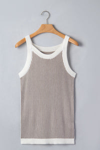 Contrast-trim ribbed knit tank with crew neckline
