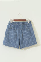 Striped denim high-waist shorts with drawstring