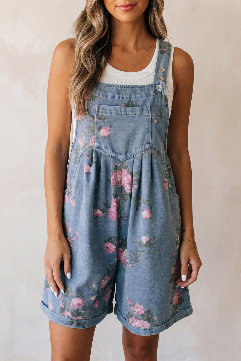 Adorable Denim Floral Print Short Overalls