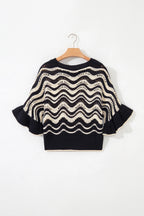 Wavy stripe crochet sweater with ruffle sleeves
