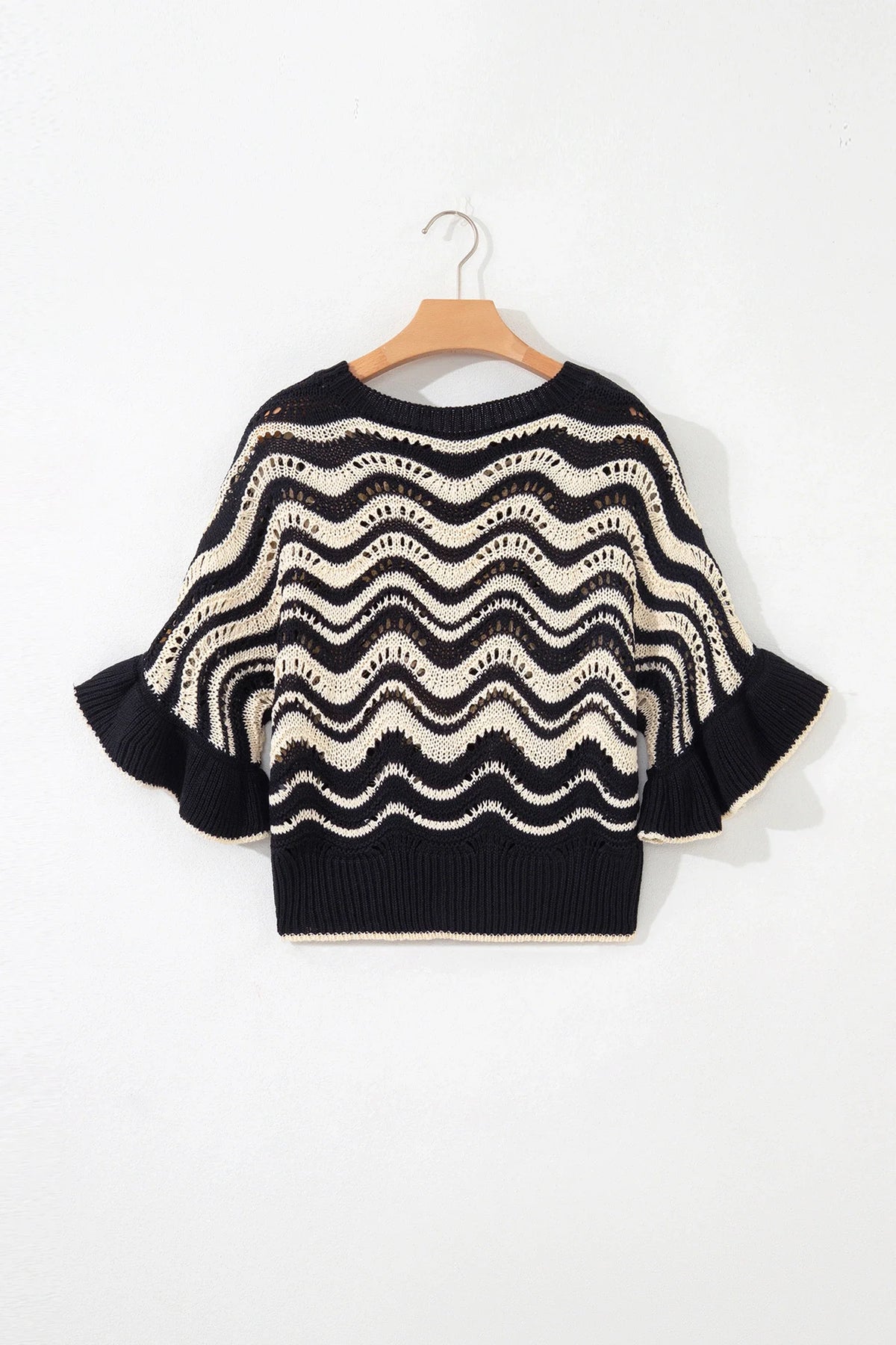 Wavy stripe crochet sweater with ruffle sleeves