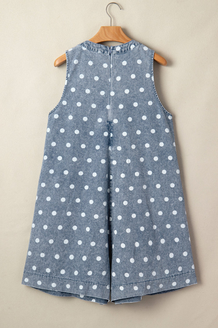 Polka Dot Denim Tie V-Neck Pleated Romper