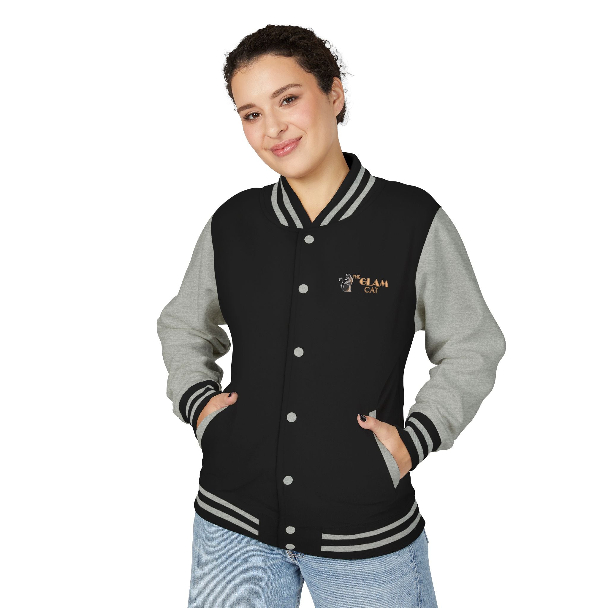 The Glam Cat Embroidered Vintage Varsity Bomber Jacket