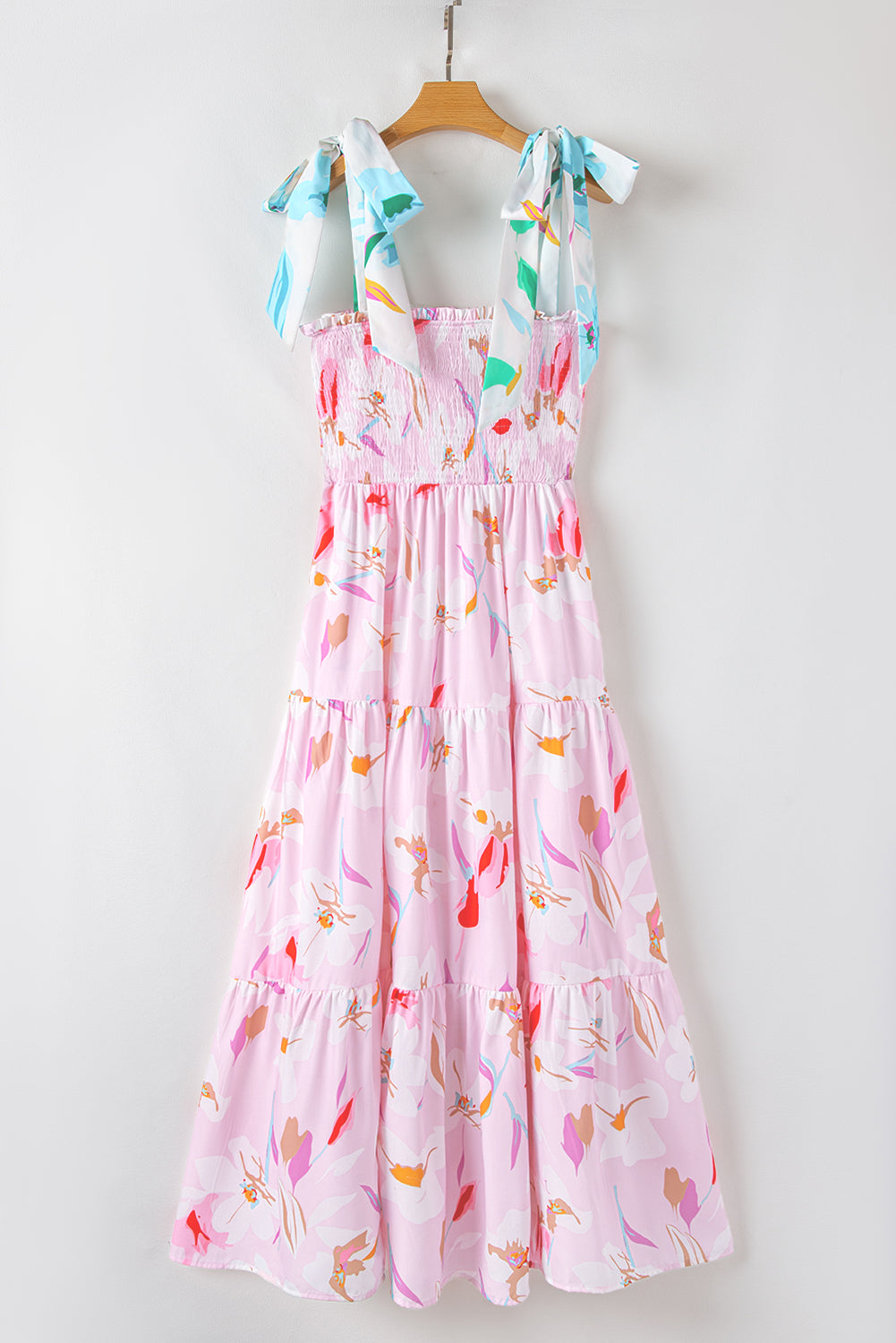 Floral knotted-shoulder smocked maxi dress
