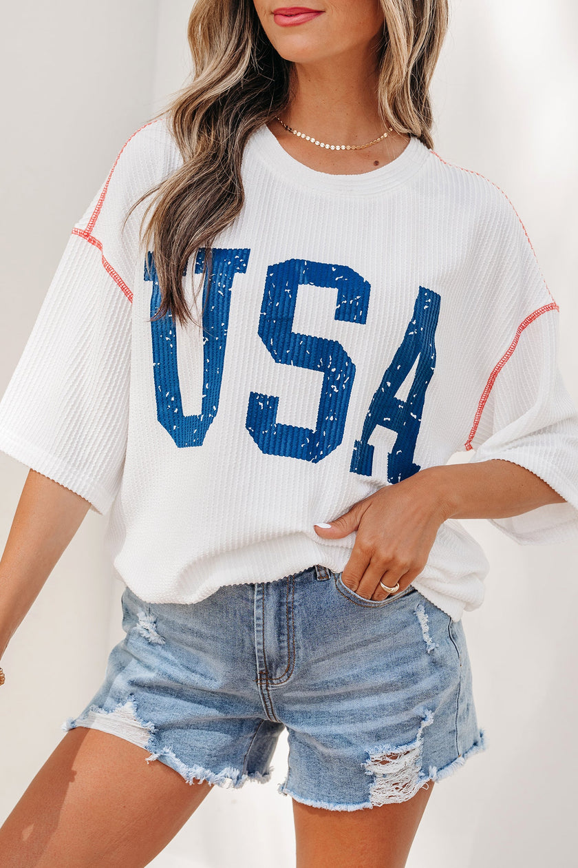 USA Corded Knit Short Sleeve Graphic Top