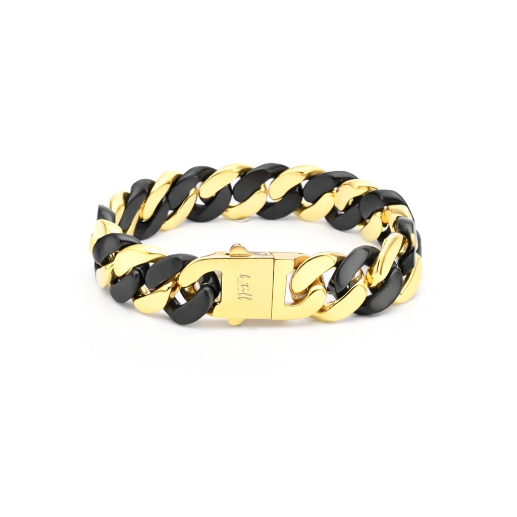 High-polish black and gold flat-link bracelet