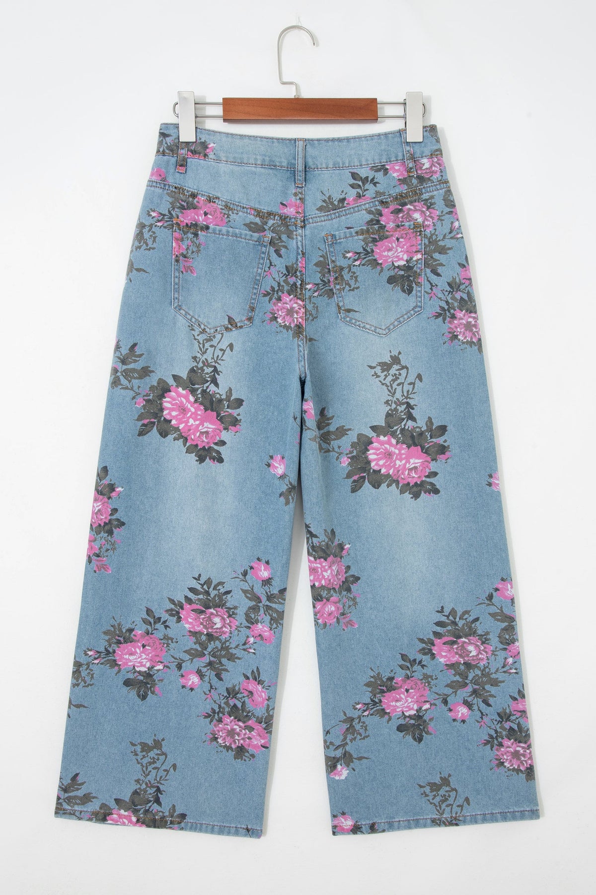 Floral light-wash denim wide-leg jeans