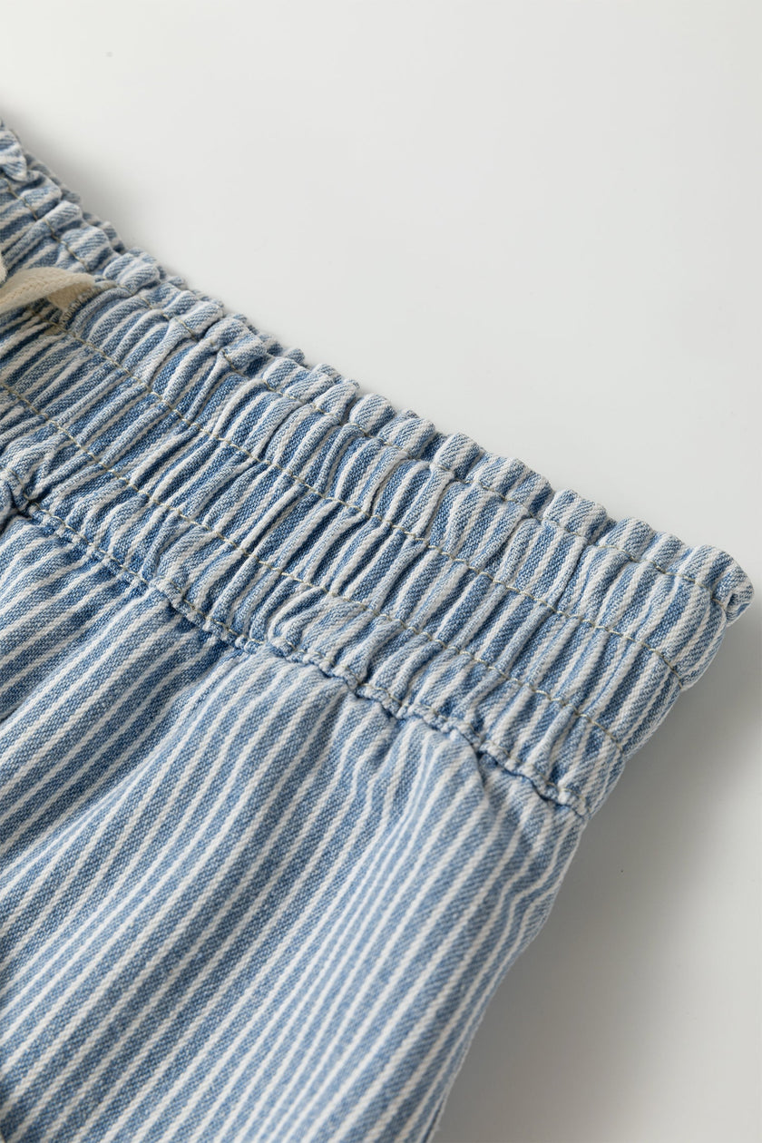 Stripe Denim Raw Edge Drawstring Shorts