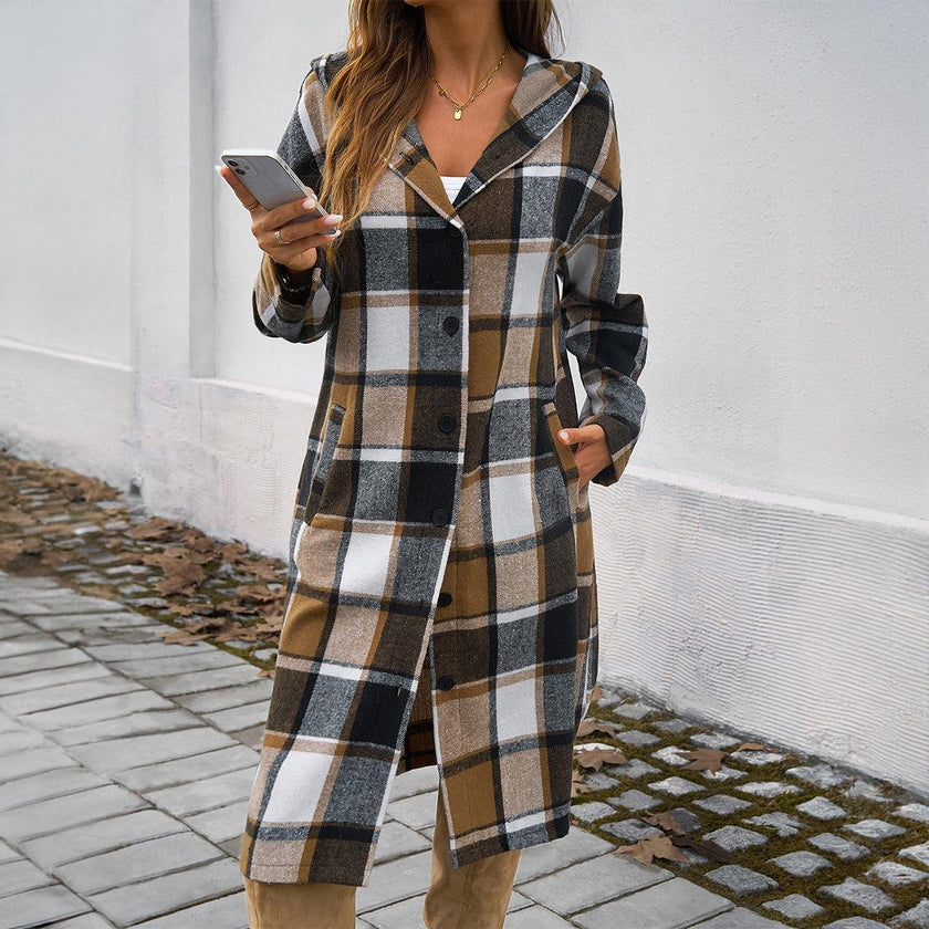 Contrasting Color Stylish Checkered Pattern Hooded Jacket