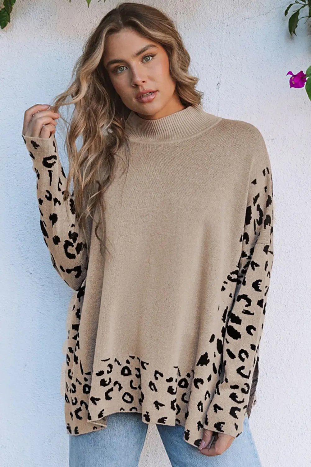 Wild Side Leopard Print High Neck Side Slit Oversized Sweater