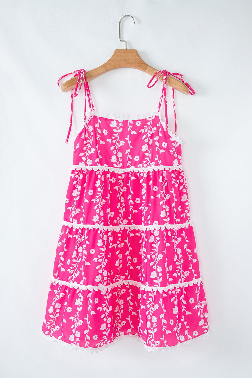Floral Ric-Rac Tie Strap Sleeveless Mini Dress