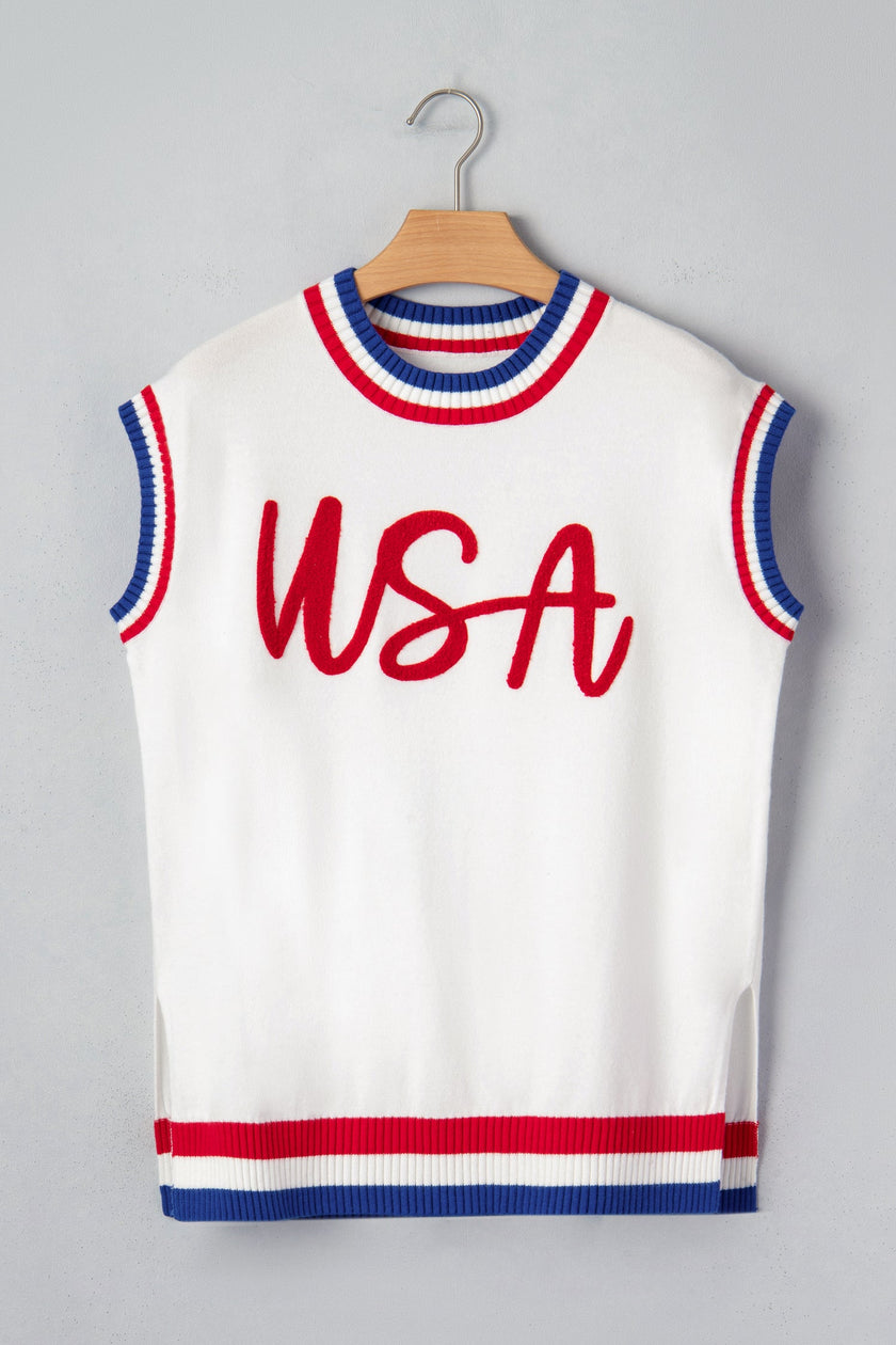Varsity-Inspired USA Stripe Contrast Trim Sweater