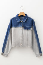 Colorblock patchwork denim jacket with raw hem and flap pockets